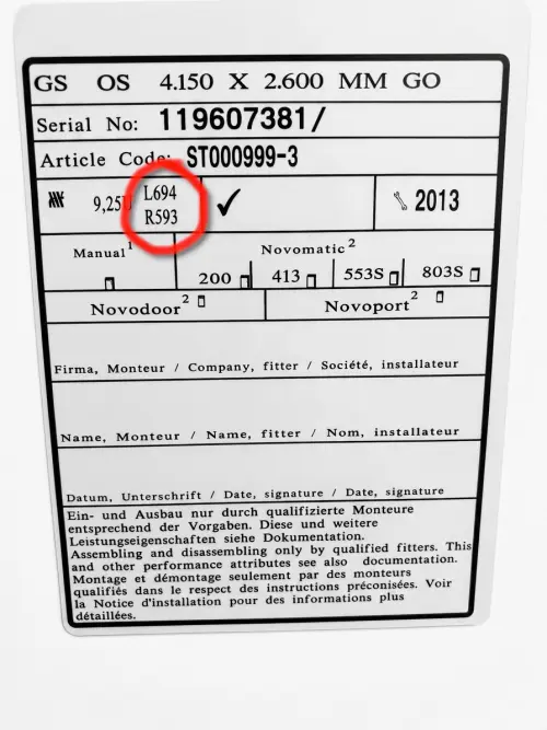 Placa de datos del resorte de torsión Novoferm
