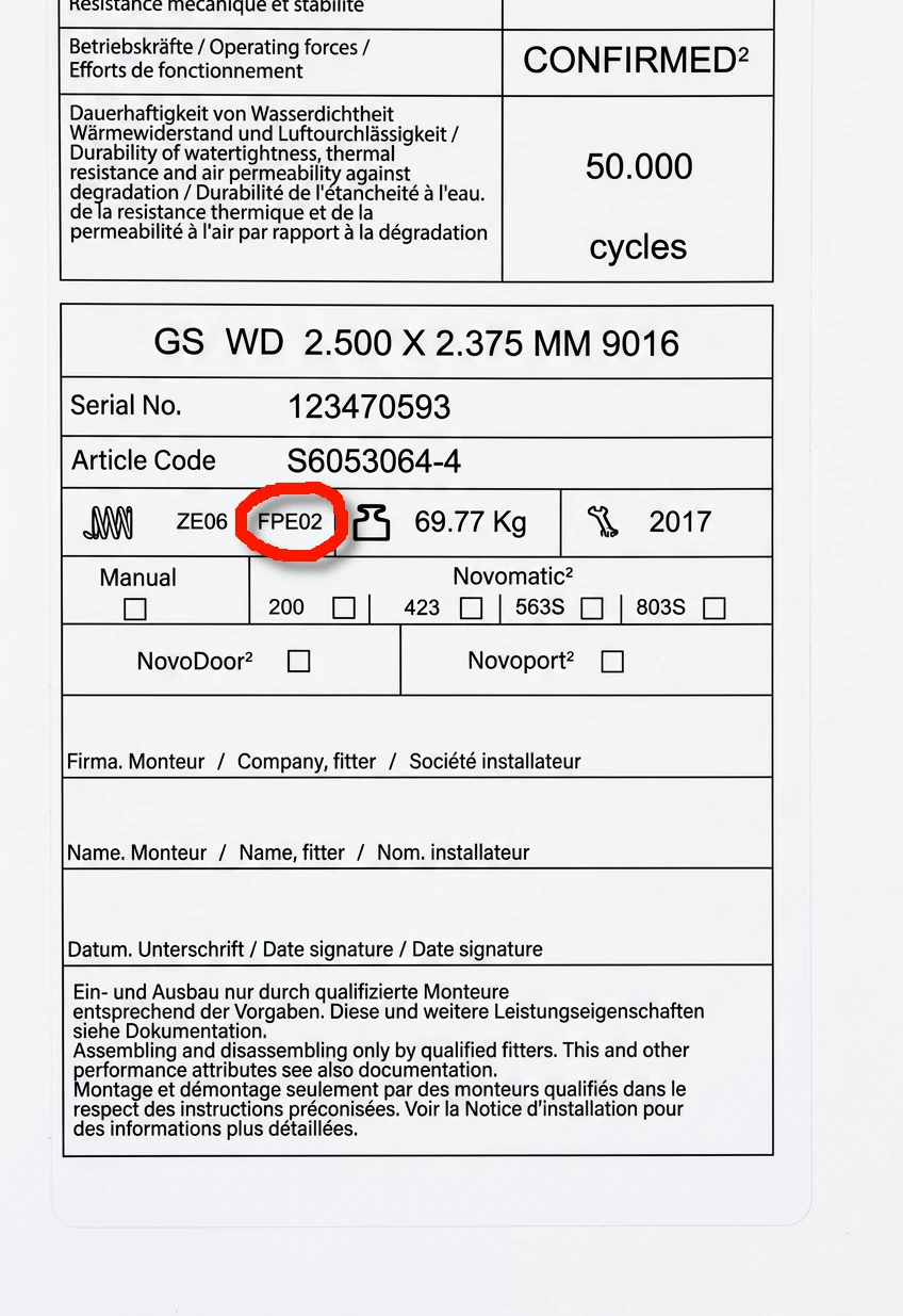 Placa de datos del resorte de tracción vertical Novoferm