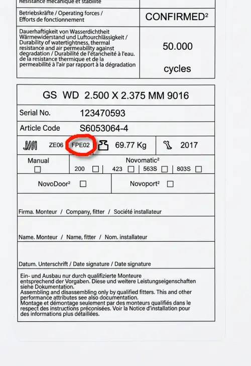 Placa de datos del resorte de tracción vertical Novoferm