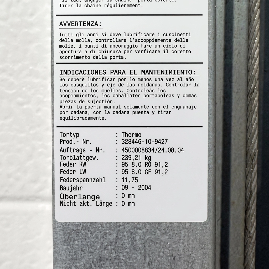 Placa de datos del resorte de torsión industrial Novoferm