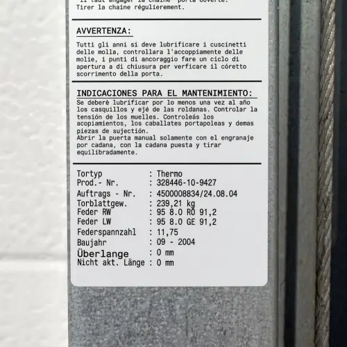 Placa de datos del resorte de torsión industrial Novoferm