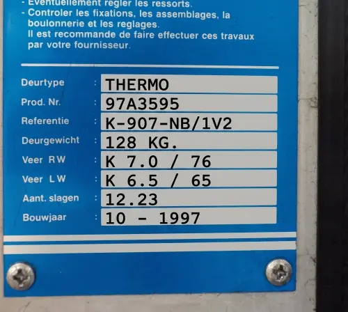 Placa de datos del resorte de torsión industrial Novoferm 2